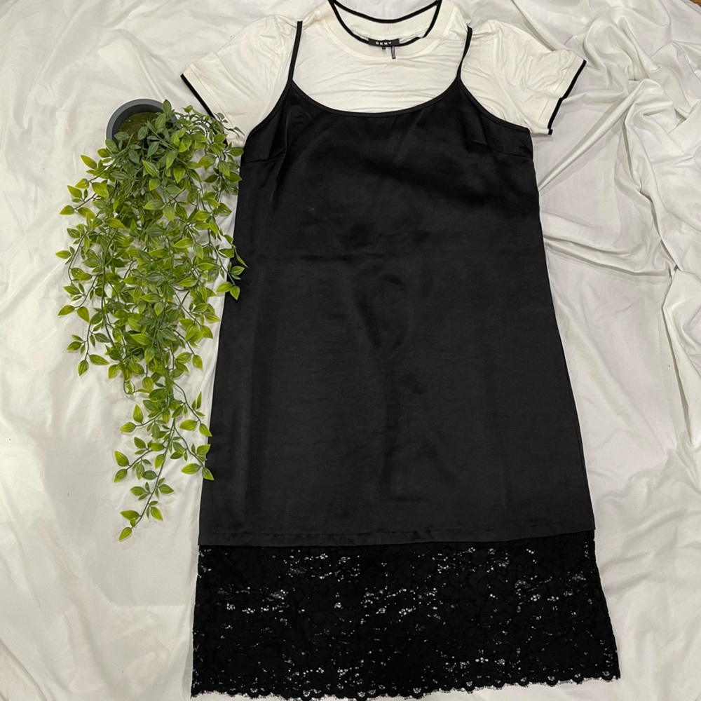 DKNY Black & White 2in1 Lace Cami Overlay Maxi Dress with T-Shirt Size XL - Picture 5 of 6